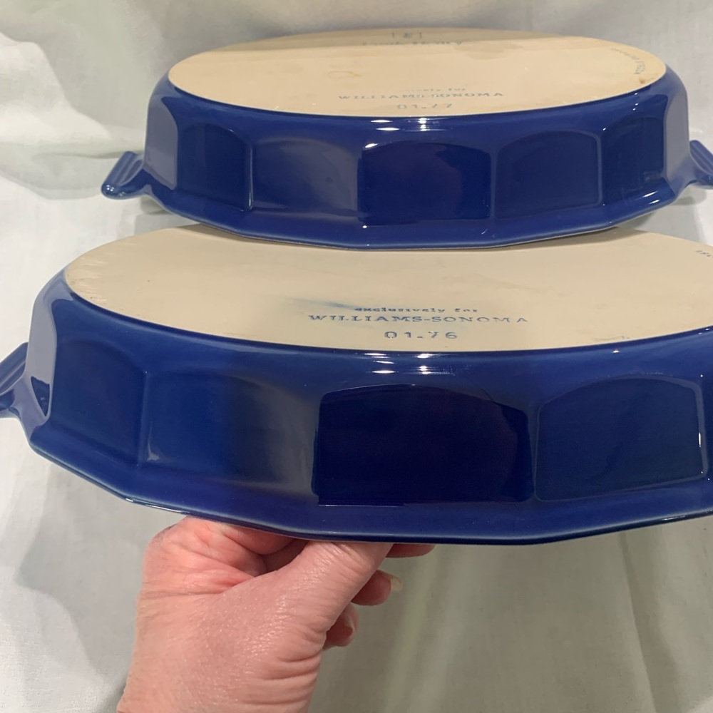 2 Emile Henry for William Sonoma, Blue oval stoneware casserole/baking dishes
